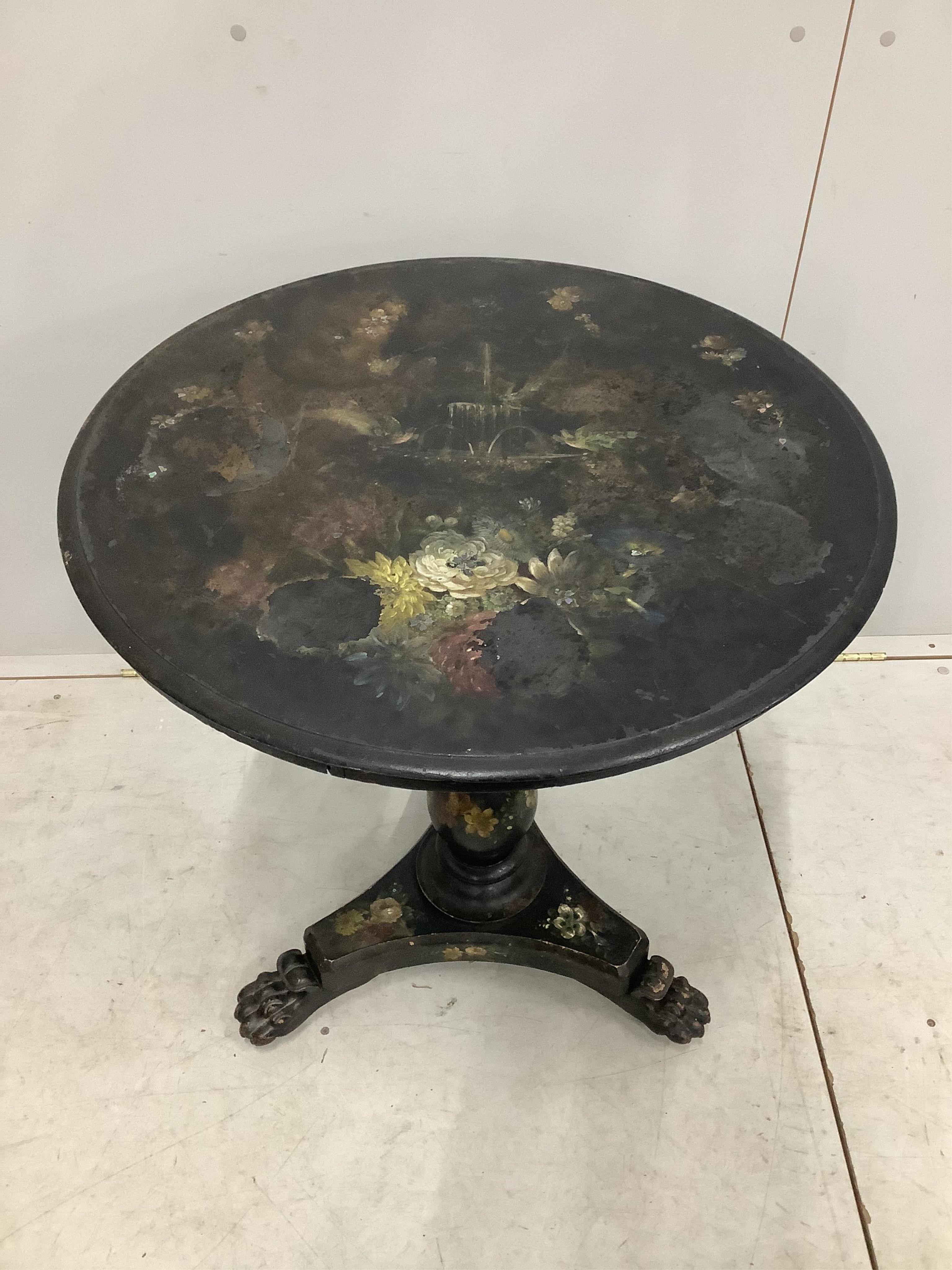 A Victorian painted and mother of pearl inlaid circular tilt top tea table, diameter 66cm, height 75cm. Condition - poor